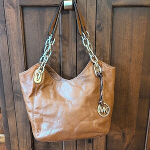 Michael Kors Lilly Walnut Soft Leather Gold Chain Strap Tote Shoulder Bag